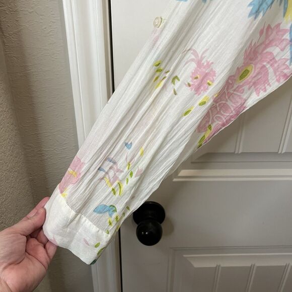 Magazine Floral Sheer Boho Embroidered V Neck Blouse Top Size L Roll Tab Sleeve - Picture 5 of 11